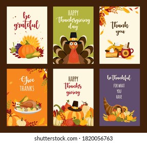 Set of Happy Thanksgiving cards with text, autumn leaves, turkey, pie, pumpkin. Vector illustration