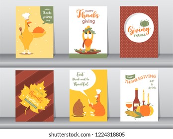 Set of Happy thanksgiving day card, design,poster,template,greeting,animal,cute,Vector illustrations 