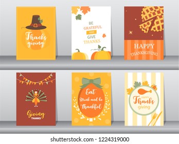 Set of Happy thanksgiving day card, design,poster,template,greeting,animal,cute,Vector illustrations 