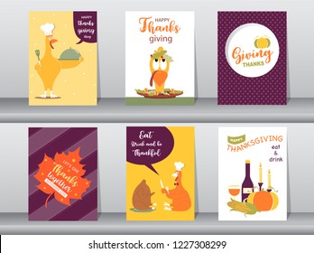 Set of Happy thanksgiving day card, design,poster,template,greeting,animal,cute,Vector illustrations