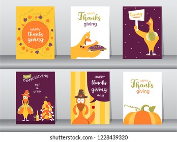 Set of Happy thanksgiving day card, design,poster,template,greeting,animal,cute,Vector illustrations