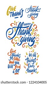Set of Happy Thanksgiving Day Event Typography Text Autumn Fall Season Poster, Banner, Logo, Badge, Label, Sticker, Greeting Card, Icon