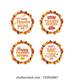 Set Of Happy Thanksgiving Day Event Typography Text Autumn Fall Season Poster, Banner, Logo, Badge, Label, Sticker, Greeting Card Collection
