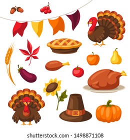 Set of Happy Thanksgiving Day holiday objects and icons.