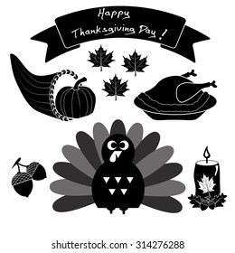 Set of Happy Thanksgiving Day holiday objects and icons on white background