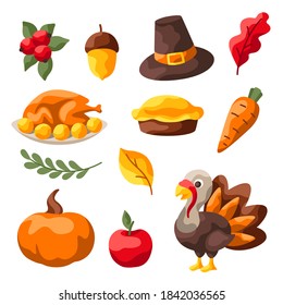 Set of Happy Thanksgiving Day items. Holiday objects and icons.