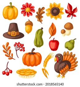 Set of Happy Thanksgiving Day items. Holiday objects and icons.