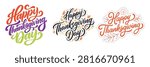 Set of Happy Thanksgiving Day typography calligraphy lettering designs in vibrant colors decorated with autumn leaves and floral elements isolated on a white background, perfect for thanksgiving banner, greeting card, EPS cut file, or t-shirt design.