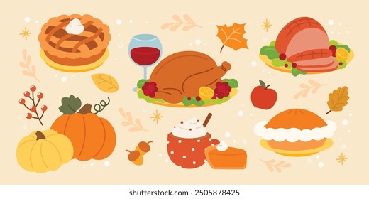 Set von Happy Thanksgiving Abendessen Element Vektor. Herbstsaison Konzept Sammlung von Türkei, Schinken, Wein Kürbis Kuchen, Beere, Walnuss, Apfel. Handgezeichnete Herbstfest-Illustration für Clipart, Einladung.