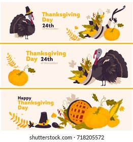Set of happy thanksgiving greeting banners with cartoon symbols of the holiday - turkey, pumpkin pie, fruits and vegetables, vector illustration. Set of cartoon style thanksgiving greeting banners