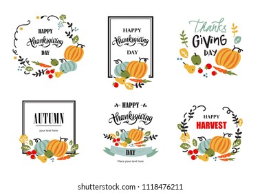 Set of happy Thanksgiving hand drawn typography poster. Elements for Thanksgiving greeting card with vegetables, fruits, berries and leaves. Vector calligraphy lettering, sign, symbol, banner.