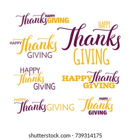 Set of Happy thanksgiving hand drawn lettering label, yellow and purple colors isolated on white background, brush calligraphy text for invitation, greeting card or holiday design, vector illustration