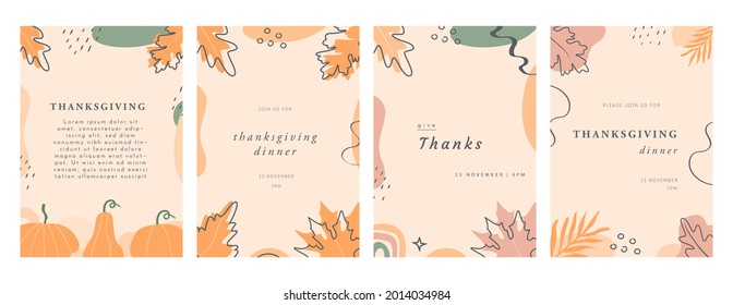 Set of Happy Thanksgiving Invitation Cards with leaves, pumpkins, geometric shapes and strokes. Abstract vertical banner or background with copy space for text. Vector illustration.