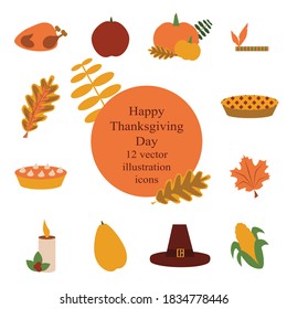 Set Happy Thanksgiving - vector illustration isolated on white background. Holiday symbols.