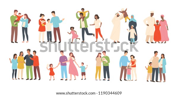 子どもを持つ伝統的な異性愛の幸せな家族のセット 笑顔の母親と父と子供 白い背景にかわいい漫画のキャラクター フラットスタイルのカラフルなベクターイラスト のベクター画像素材 ロイヤリティフリー