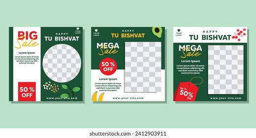 Set Happy Tu Bishvat sales, the Jewish holiday for fruits and trees. Vector illustration background, banner, poster, social media post, with avocado, banana, cherry and more. Tu Bishvat