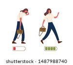 Set of happy and unhappy female office workers and vital power or battery charge indicator. Energetic and tired or exhausted girls and life energy indicaion. Flat cartoon colorful vector illustration.