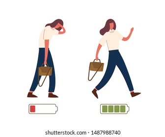 Set of happy and unhappy female office workers and vital power or battery charge indicator. Energetic and tired or exhausted girls and life energy indicaion. Flat cartoon colorful vector illustration.