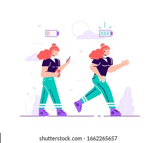Set of happy and unhappy female office workers and vital power or battery charge indicator. Energetic and tired or exhausted girls and life energy indicaion. Flat cartoon colorful vector illustration.