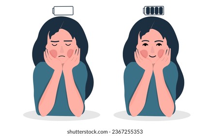 Set of happy and unhappy female  vital power or battery charge indicator. Energetic and tired or exhausted girls and life energy indicaion. Flat cartoon colorful vector illustration.