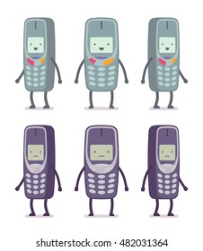 Set of happy and unhappy retro cell phones from different positions with legs and hands isolated against white background. Cartoon vector flat-style illustration