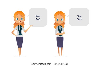 Set of happy and unhappy women or scout troop leaders dressed in smart clothes and speech bubbles with place for text. Bundle of smiling and sad female cartoon characters isolated on white background.