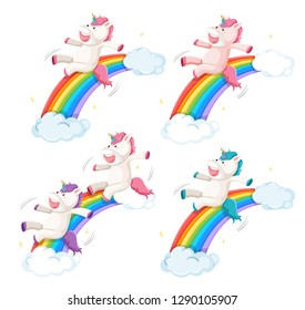 Set of happy unicorn slide on rainbow illustration