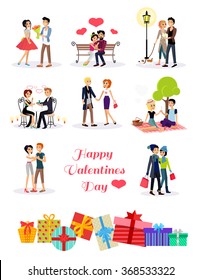 Set of happy valentine day couple in love on date. Romantic relationship lover illustration. Man give flower. Gifts with ribbon and bow. Woman man restaurant