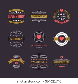 Set of Happy Valentines Day  Badges for Greeting Cards. Vector Illustration