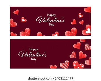 Set von Happy Valentine's Day Banner oder Header Design dekoriert mit Glossy Hearts in roter Farbe.