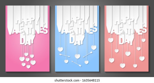 Set of Happy Valentine's Day banners with cut out letters. Banners with valentines symbols: hearts and arrows. Greeting cards, web banners, invitations. Vector illustrations on pastel background