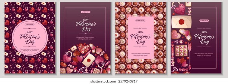 A set of Happy Valentine's Day banners. Chocolate, candies, cookies, balloons, letter, mailbox, sweets. Vector illustration in A4 format for posters, banners, covers, flyers, and advertisements.