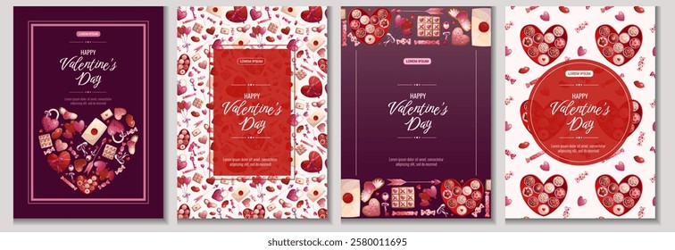 A set of Happy Valentine's Day banners. Chocolate, candies, cookies, balloons, letter, mailbox, sweets. Vector illustration in A4 format for posters, banners, covers, flyers, and advertisements.