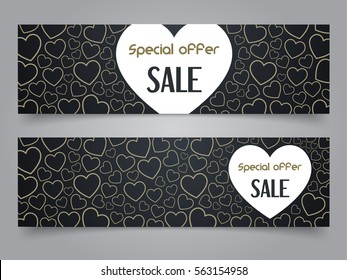 Set of Happy Valentine's Day banners and greeting cards with heart. Used for flyers, discounts, posters, vouchers, header and other printed and web materials. Gold and black elements.