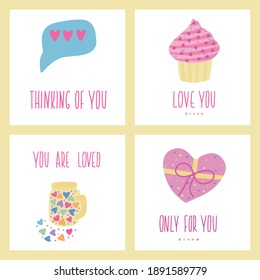Set of Happy Valentines Day card poster with hand drawn elements and lettering isolated on background template. Cute romantic vector illustration