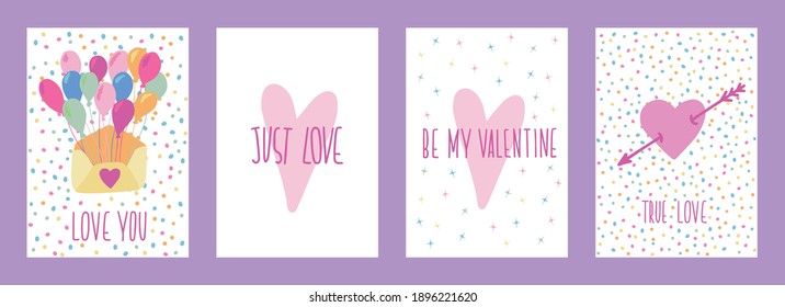 Set of Happy Valentines Day card poster with hand drawn elements and lettering isolated on background template. Cute romantic vector illustration