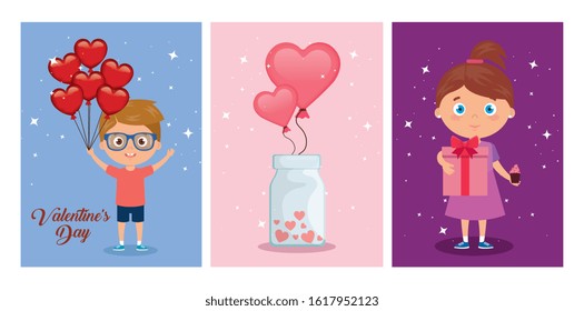 set of happy valentines day cards with decoration vector illustration design