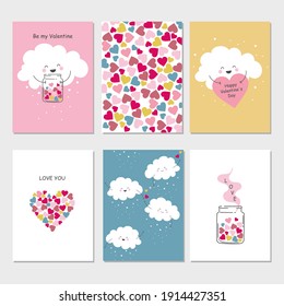 Set of Happy Valentine's Day cards with clouds. 