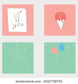 Set of Happy Valentine's Day Cards. Hand drawn elements. 