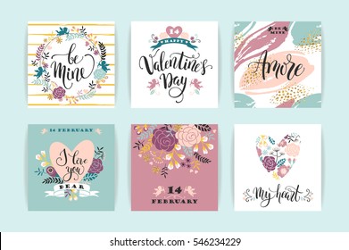 Set of Happy Valentines Day cards.  Hand drawn lettering design. Vector illustration.