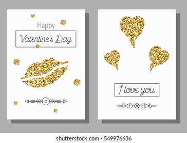 Set of Happy Valentines Day cards. Golden glitter texture elements lips and hearts. Vector illustration.
