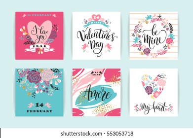 Set of Happy Valentines Day cards. Hand drawn lettering design. Vector illustration