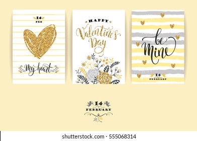 Set of Happy Valentines Day cards. Hand drawn lettering design. Vector illustration