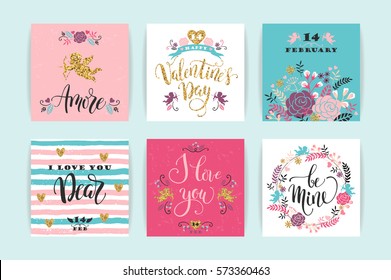 Set of Happy Valentines Day cards. Hand drawn lettering design. Vector illustration