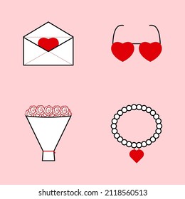 Set of Happy Valentine's day clip arts. Letter, sunglasses, bouquet, beads with pendant. Romantic icons. Cute vector illustration
