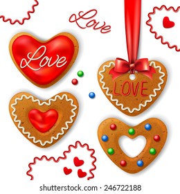 Set of Happy Valentine's day cookie in the shape of a heart with decorative elements