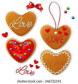 Set of Happy Valentine's day cookie in the shape of a heart with decorative elements