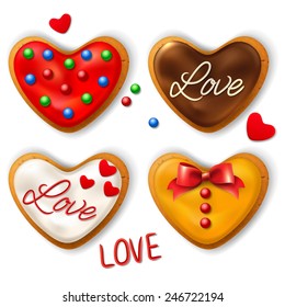 Set of Happy Valentine's day cookie in the shape of a heart with decorative elements