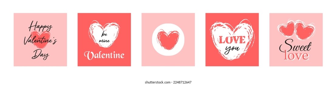 Set of Happy Valentine's Day cute love cards with hand drawn heart. Romantic red and white design elements. Vector flat illustrations for posters, social posts, gift or greeting cards, stickers. 