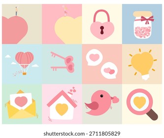 set of happy valentines day element decoration flat design vector illustration, for use in valentines day event, greeting card, invitation, print, sticker, etc.